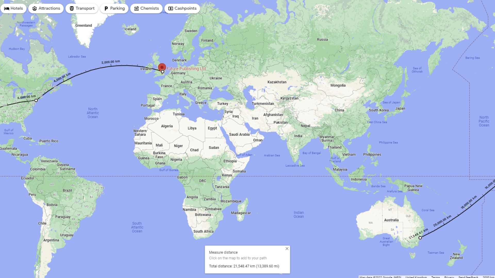 Google Mapsin etäisyyden mittaus maailmankartalla