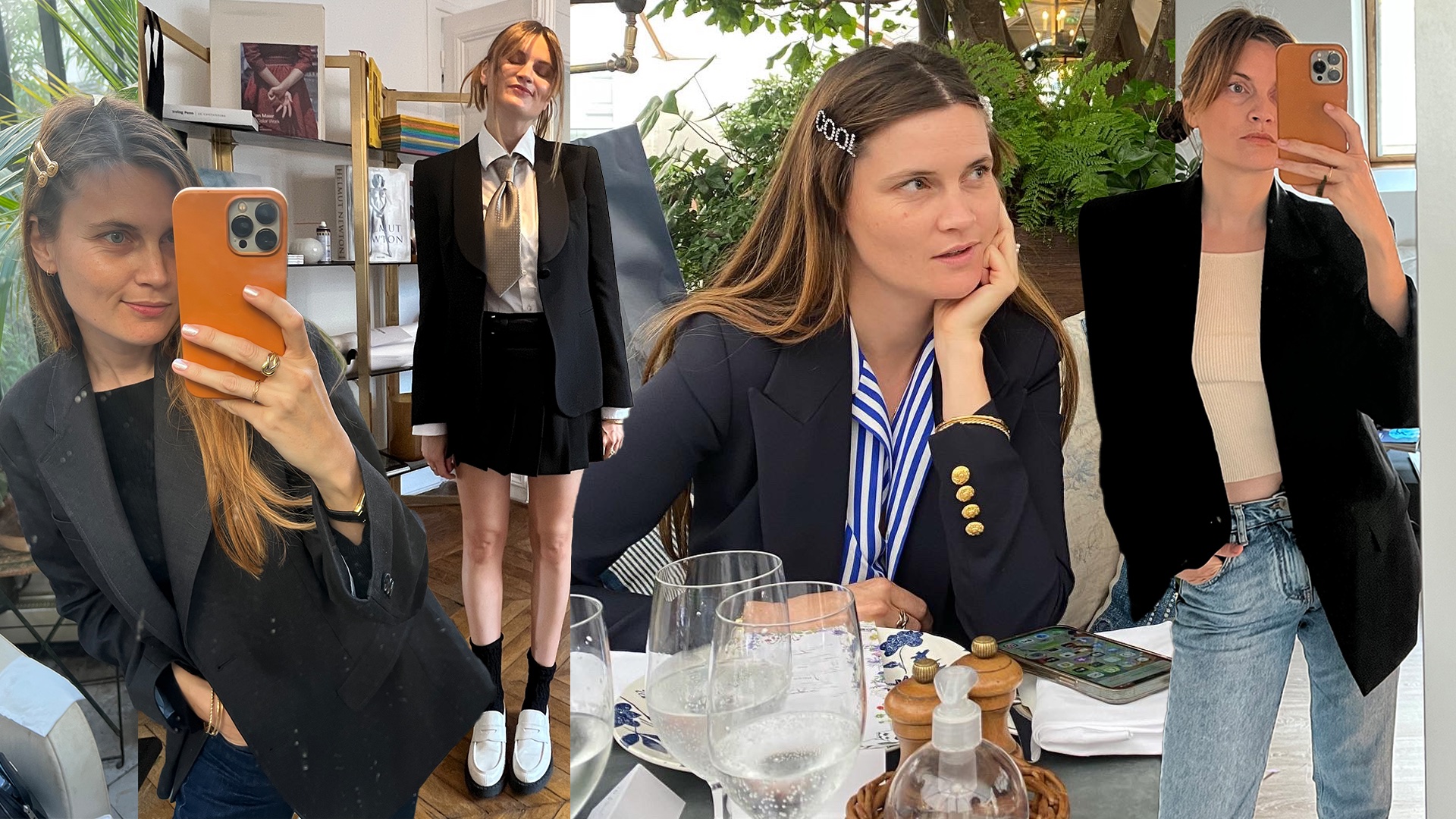 collage of French writer and editor Eugenie Trochu wearing chic repeat outfits with blazers, jeans, T-shirts, button-down shirts, and more