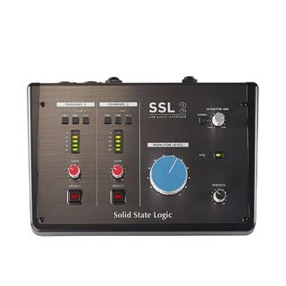 The top panel of an SSL 2 USB audio interface