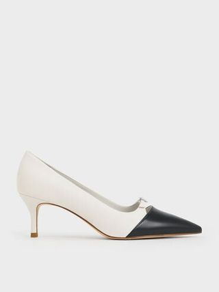 Two-Tone Buckle-Strap Pointed-Toe Pumps