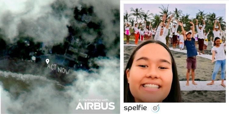 The first &quot;Spelfie&quot; (left), a satellite photo organized by teenage environmental campaigner Isabel Wijsen to raise awareness about the problem of plastic pollution on Bali&#039;s beaches.