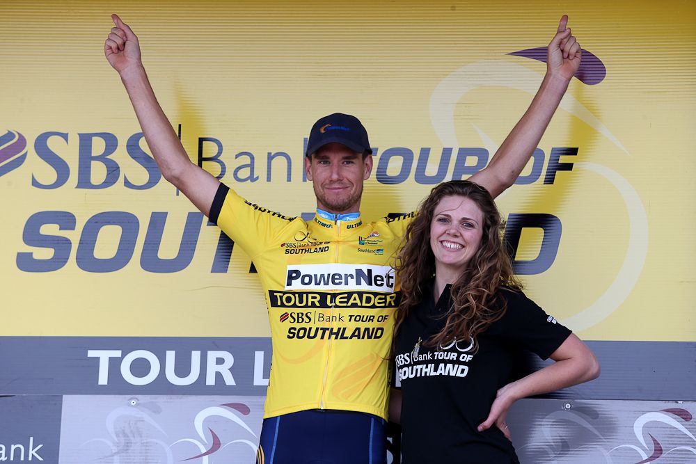 Roman van Uden of Auckland finishes first and claims the yellow jersey in stage one of the Tour of Southland