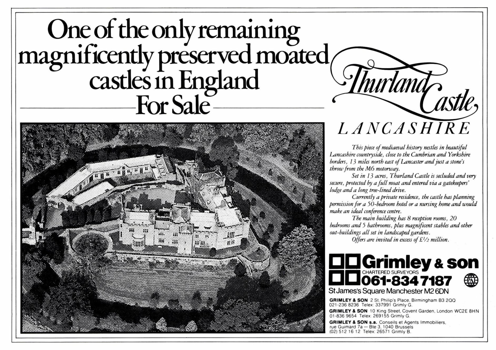 Thurland Castle advertised for sale in Country Life in 1985