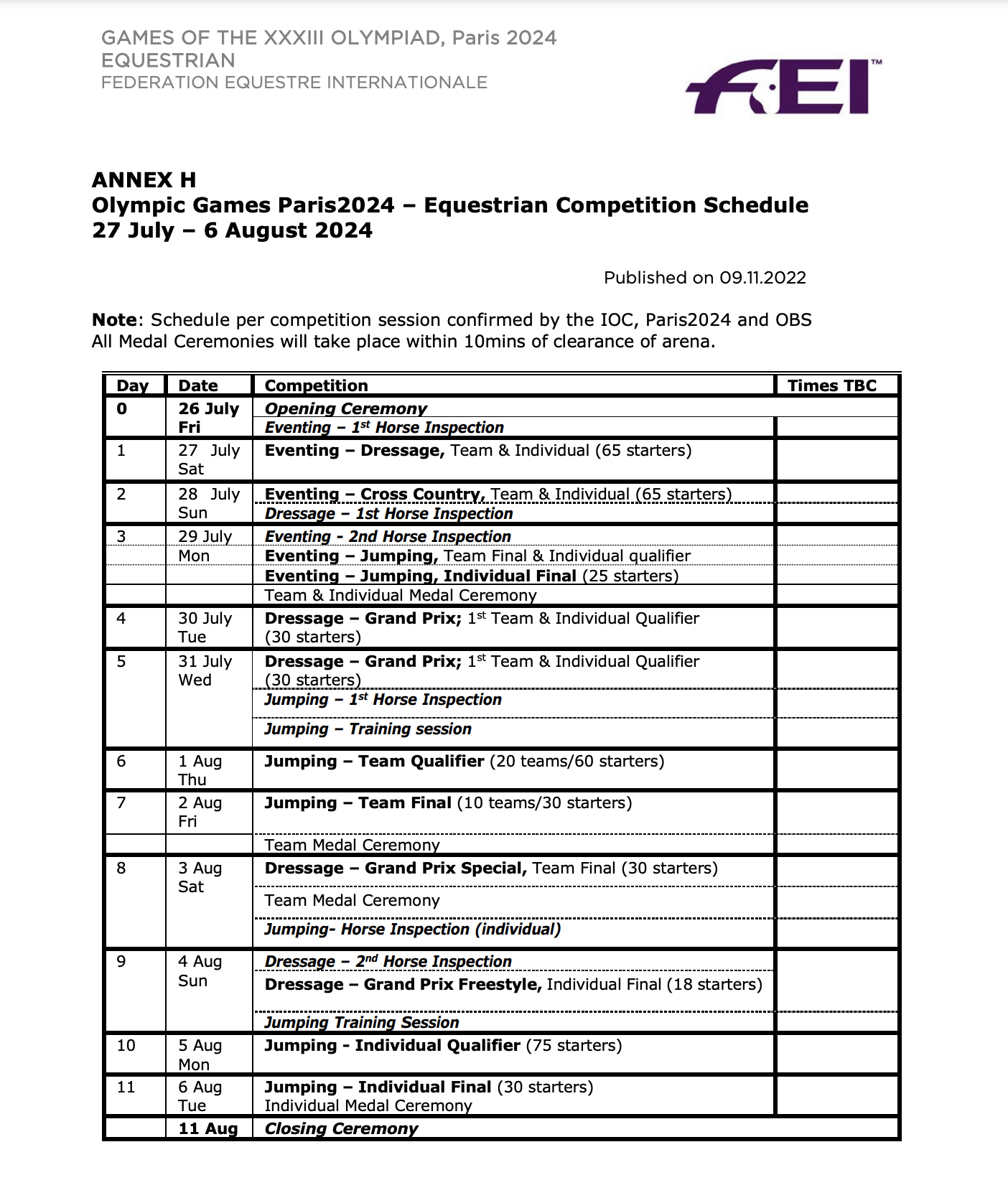 Paris 2024 Olympic timetable