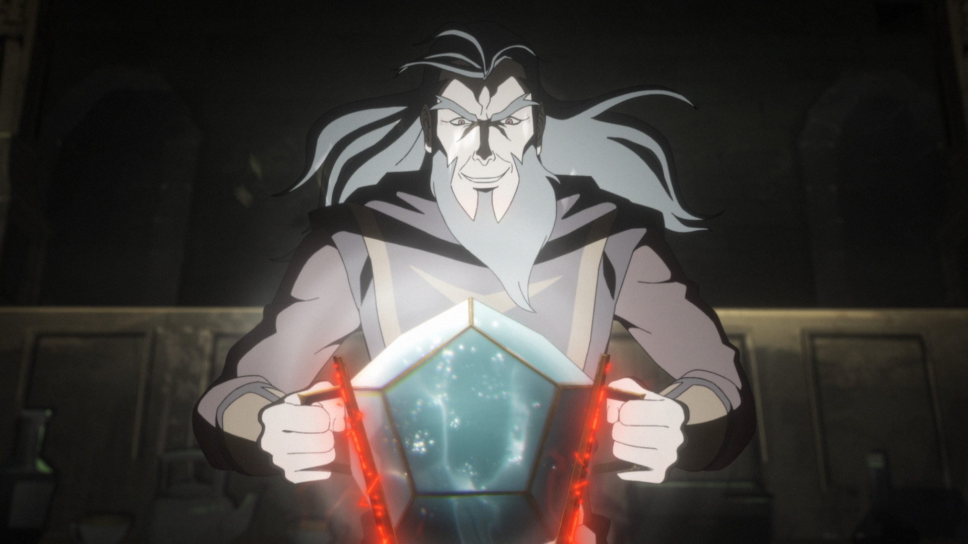Trent Ikithor holding a glowing magical relic in The Mighty Nein episode 4