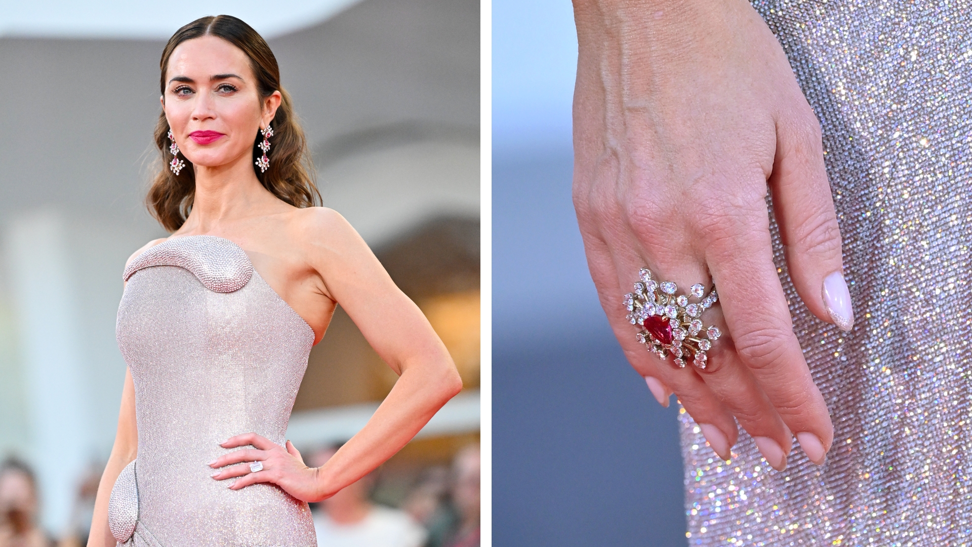 On the left, Emily Blunt wearing a silver jewelled strapless gown with brunette curled hair tucked behind her ears and her hand on her hip, on the right a close up of her glittered French tip almond nails with a pink diamond ring