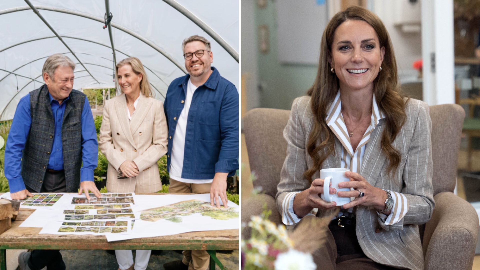 A composite of a picture of Duchess Sophie in 2026 and a picture of Kate Middleton in 2025, both with them wearing similar striped neutral blazers