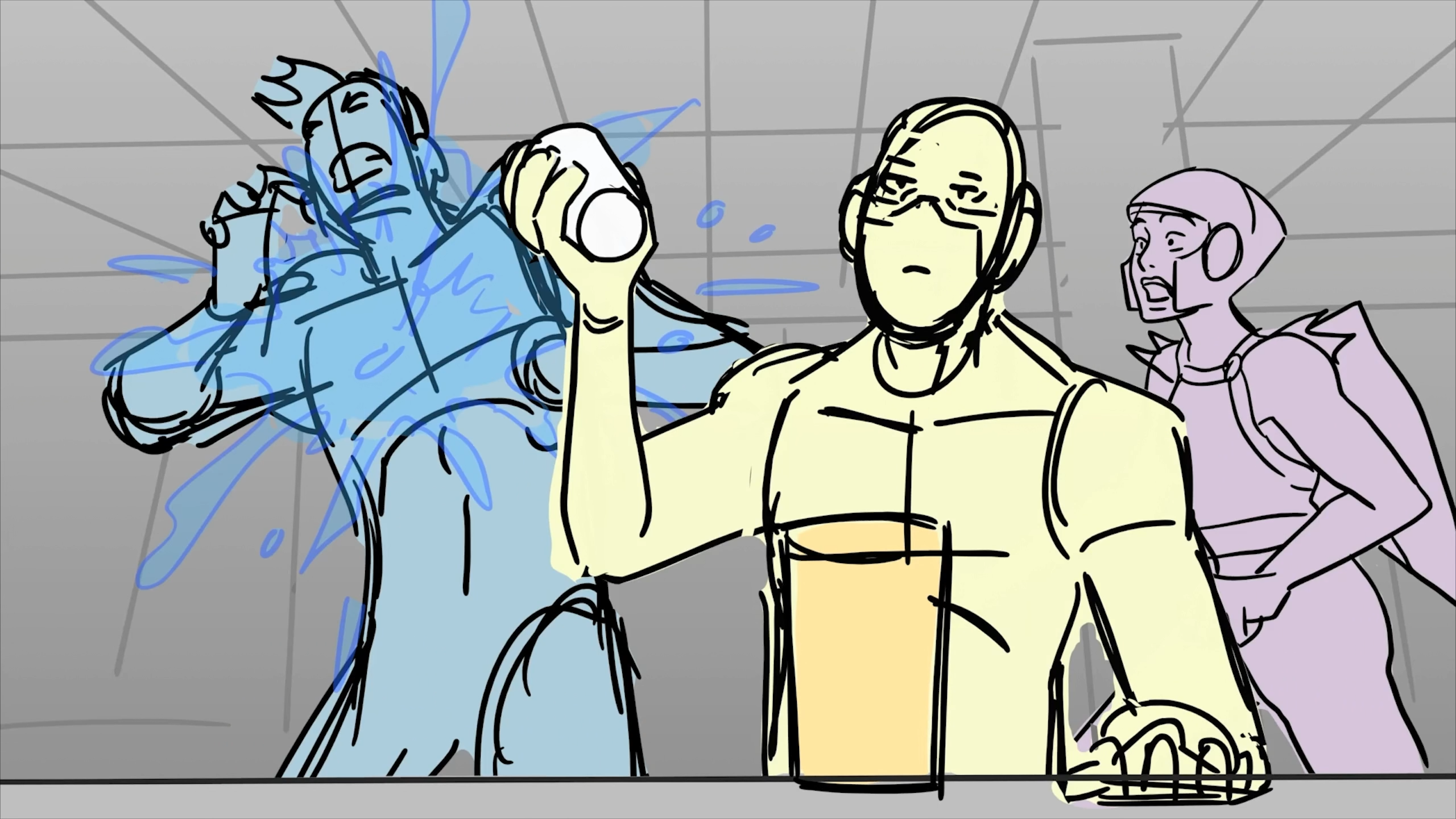 Telas de storyboards do jogo Dispatch mostrando uma pessoa jogando uma bebida sobre outra
