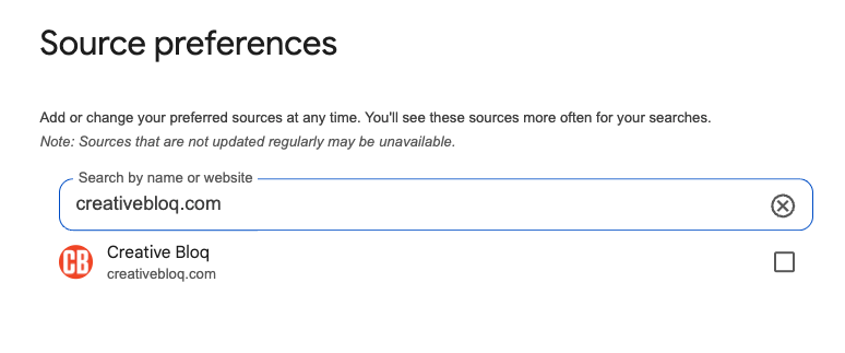 Google source preferences with Creativebloq.com highlighted