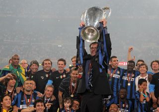 Jose Mourinho lifts the Champions League trophy after Inter's win in the final against Bayern Munich in May 2010.