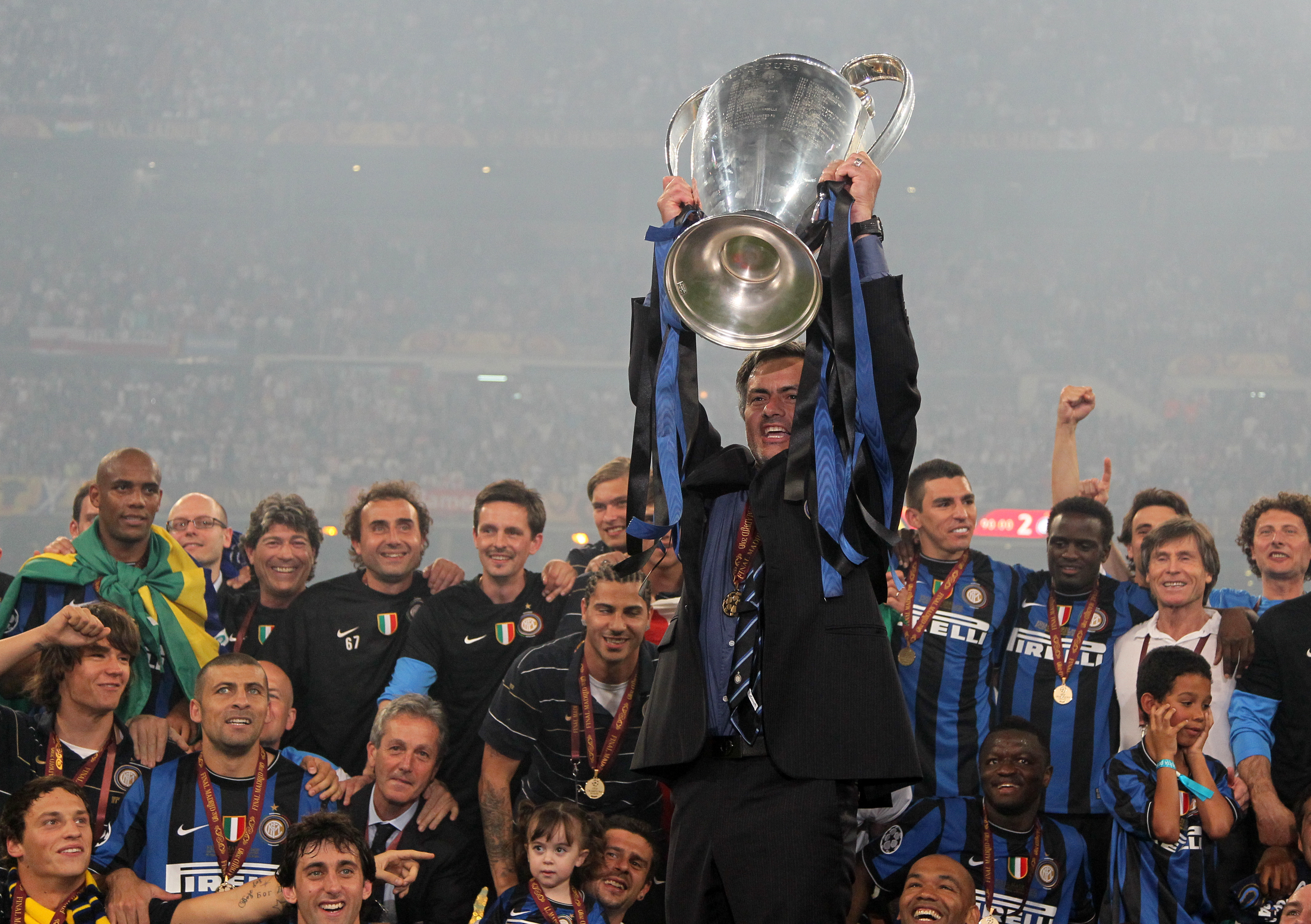 Jose Mourinho lifts the Champions League trophy after Inter's win in the final against Bayern Munich in May 2010.