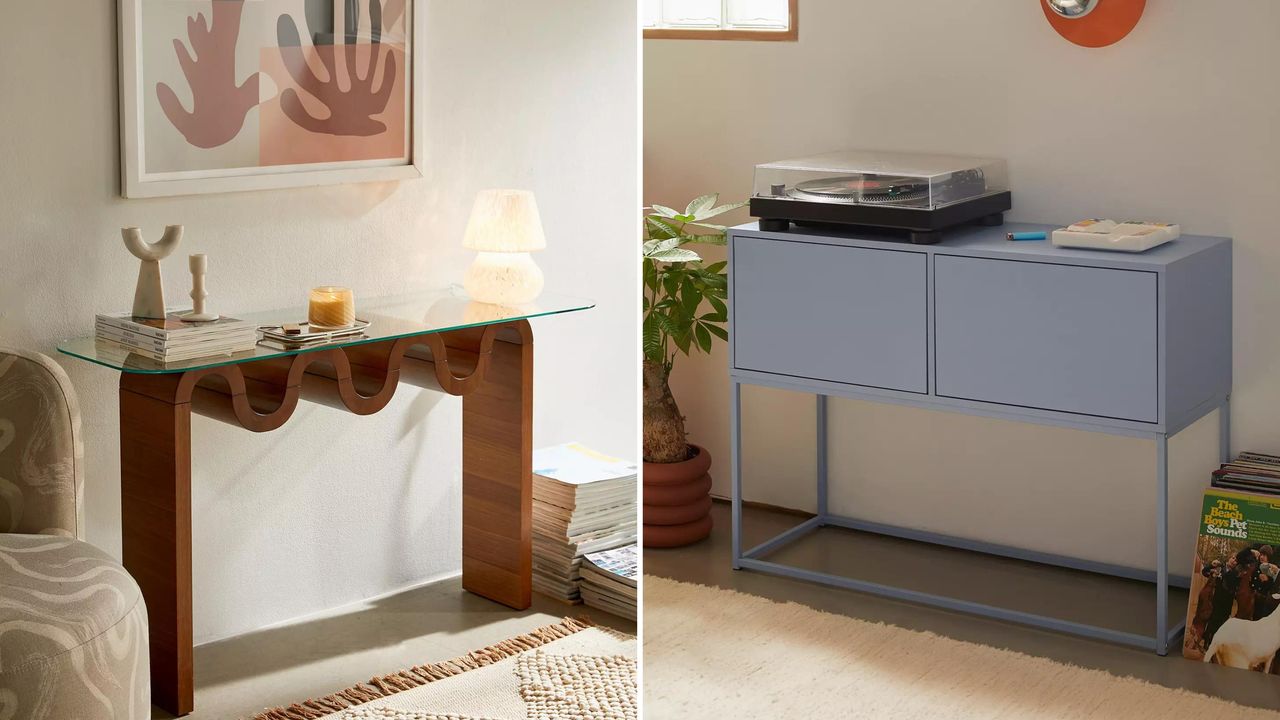 Glass table with wooden legs and pastel blue storage locker