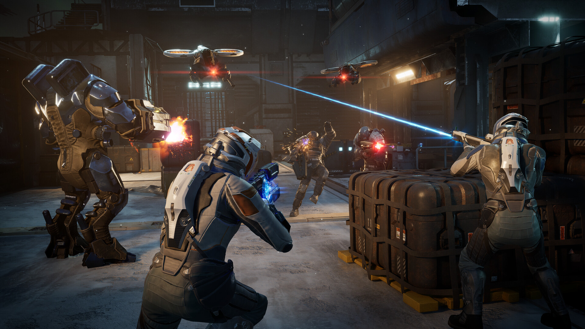 Jun engaging in a gunfight against Celestials with two companions in Exodus