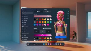 A large floating menu fills the screen. It shows a Meta avatar wearing a pop star outfit on the right, next to a massive range of color customization options for their hair and makeup.