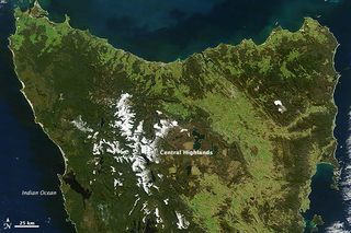 Snow covers the tops of mountains in Tasmania's Central Highlands in this image taken by NASA's Terra satellite on Aug. 31, 2012.