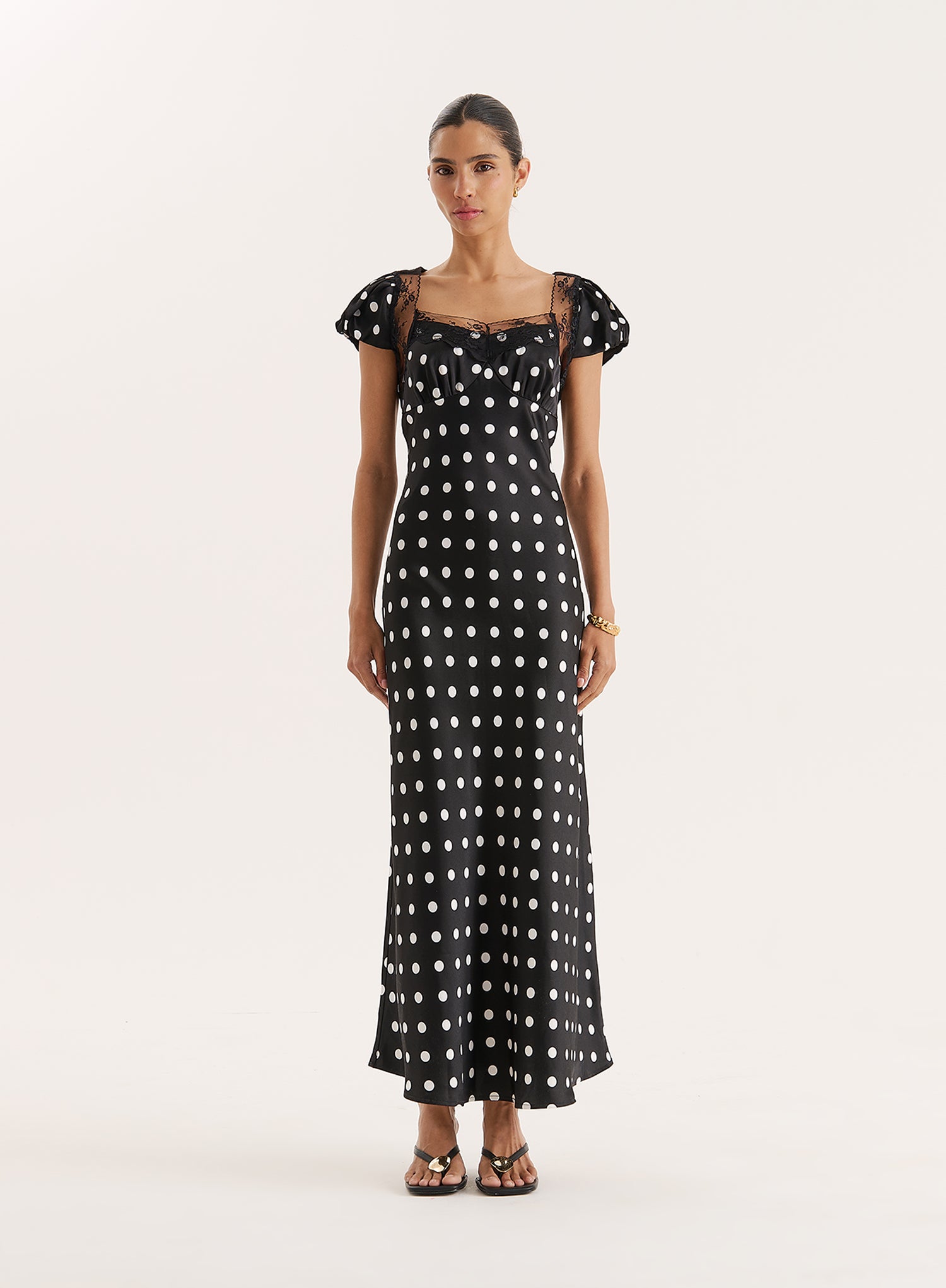 Black Polka Dot Print Satin Slip Maxi Dress- Sana - 6