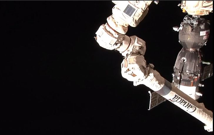 The Russian Soyuz MS-12 spacecraft carrying three new crewmembers for the International Space Station's Expedition 58/59 crew is seen as it docks at the orbiting lab on March 14, 2019.