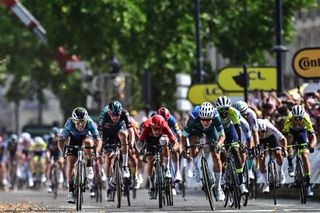 AlpecinDeceunincks Belgian rider Jasper Philipsen 3rd R sprints to the finish line ahead of Astana Qazaqstan Teams British rider Mark Cavendish L and Intermarche Circus Wantys Eritrean rider Biniam Girmay 2nd R to win the 7th stage of the 110th edition of the Tour de France cycling race 170 km between MontdeMarsan and Bordeaux in southwestern France on July 7 2023 Photo by Marco BERTORELLO AFP Photo by MARCO BERTORELLOAFP via Getty Images