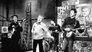 (from left) The Who's John Entwistle, Roger Daltrey, Keith Moon and Pete Townshend perform on Ready Steady Go! in 1965