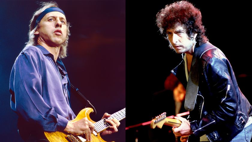 LEFT: Mark Knopfler of Dire Straits performs on stage in Birmingham, 1991 RIGHT: Bob Dylan and Tom Petty at Farm Aid - September 22, 1985