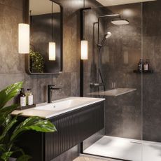 Grey bathroom with large vanity area, pendant lights and walk-in shower