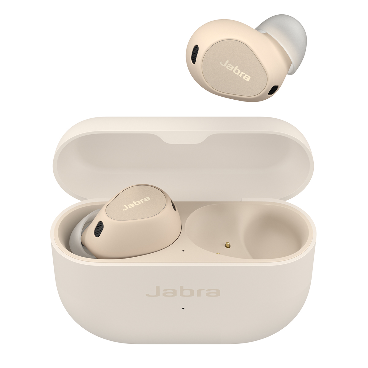 Jabra Elite 10 earbuds with case in cream render.