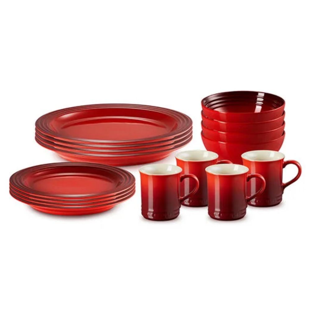 Bright red Le Creuset dinnerware set