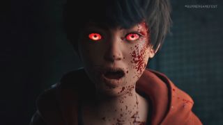 Slitterhead gameplay reveal showing grungy Tokyo streets, people with red eyes, and strange monsters bursting out of people