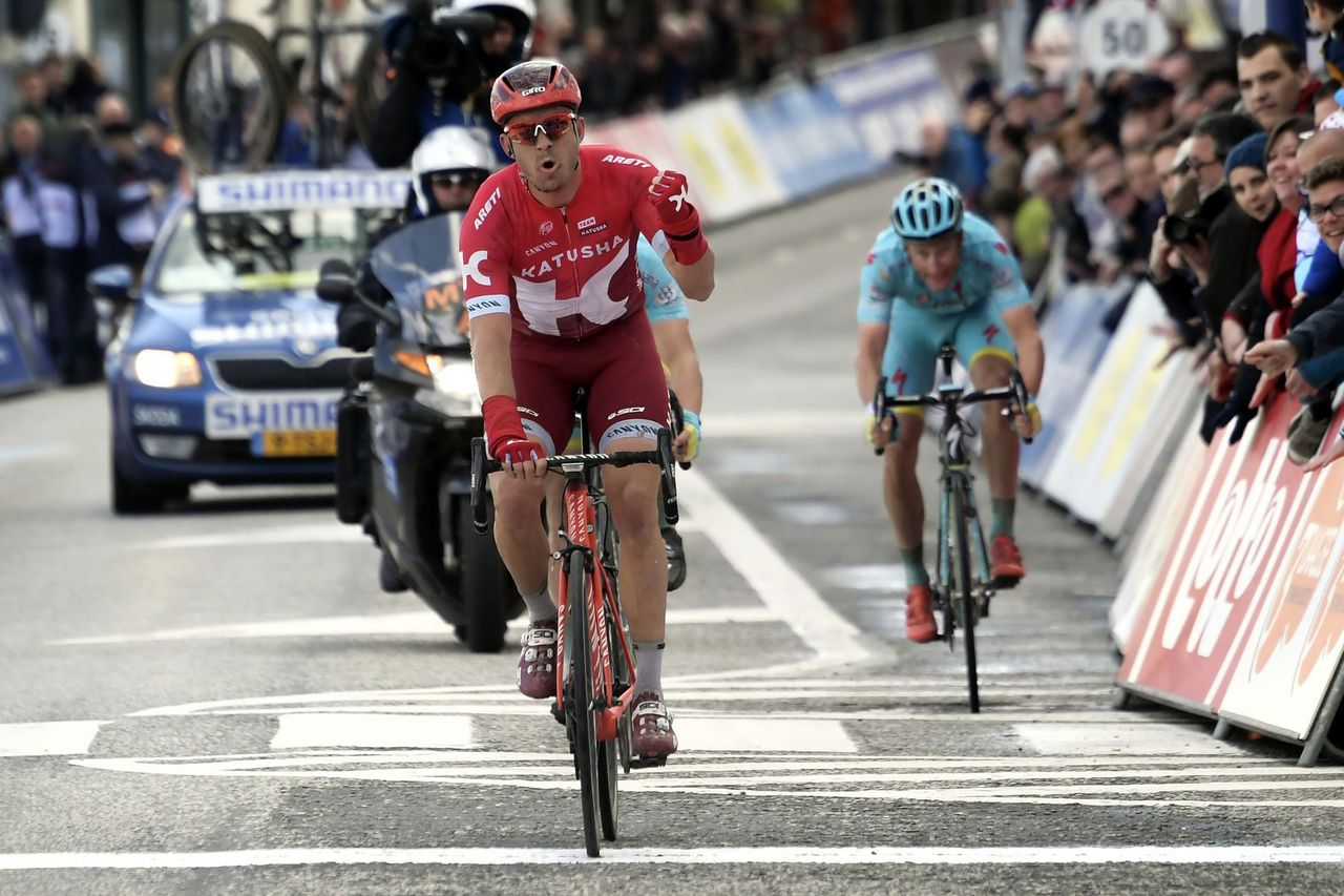 Alexander Kristoff (Katusha) wins over Alexey Lutsenko and Lieuwe Westra (Astana)