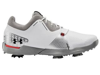 under armour spieth 4 junior golf shoes and their cool white and grey colorway on a white background