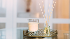 A reed diffuser and a candle on a gold tray.