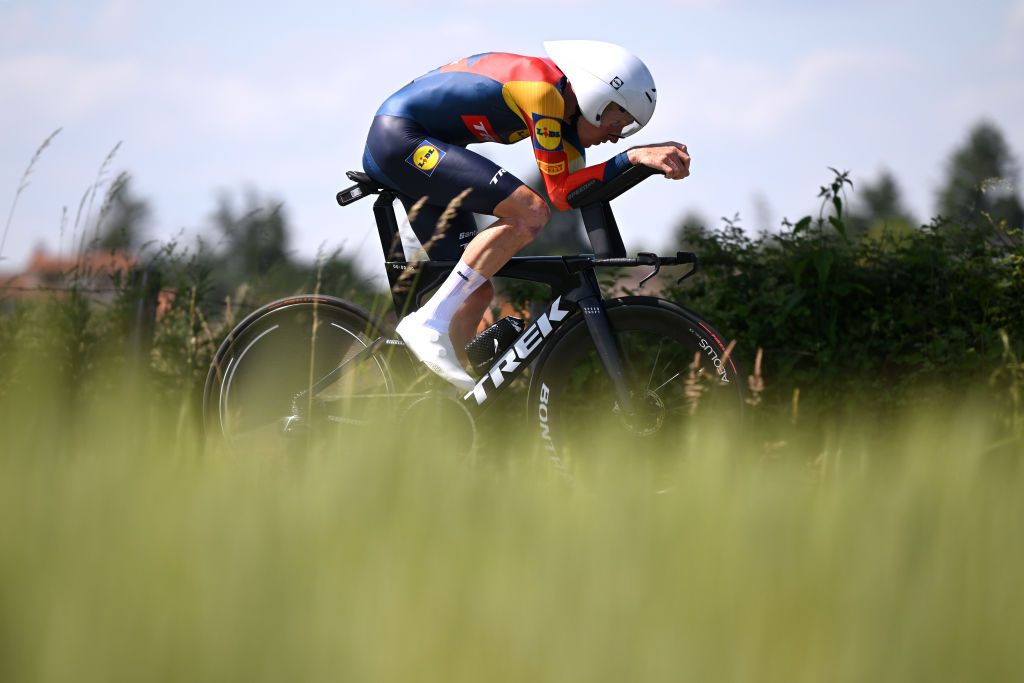 NEULISE FRANCE JUNE 05 Tao Geoghegan Hart of The United Kingdom and Team Lidl Trek sprints during the 76th Criterium du Dauphine 2024 Stage 4 a 344km individual time trial at stage from SaintGermainLaval to Neulise 552m UCIWT on June 05 2024 in Neulise France Photo by Dario BelingheriGetty Images