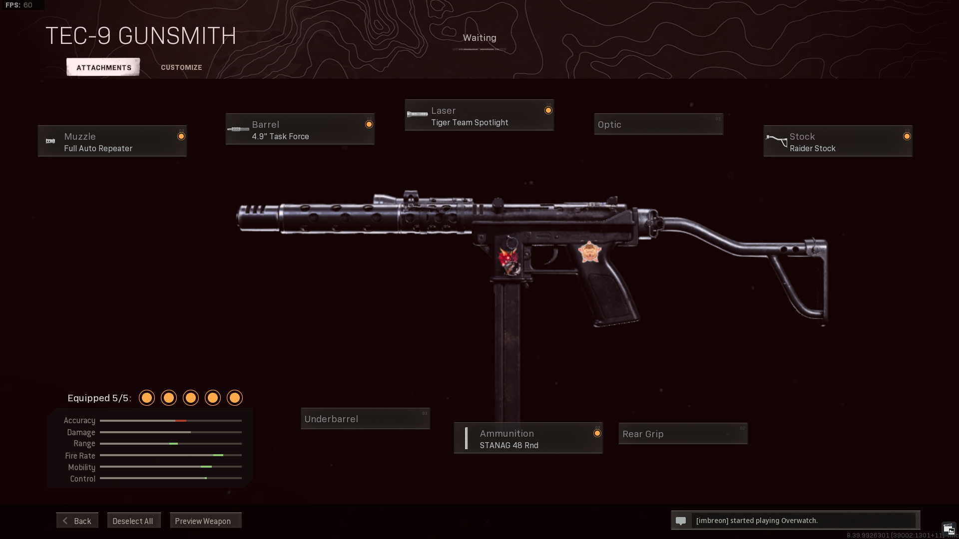 This TEC-9 warzone loadout has these attachments: Full auto repeater, 4.9 inch task force, tiger team spotlight, raider stock, and STANAG 46 Round mag.