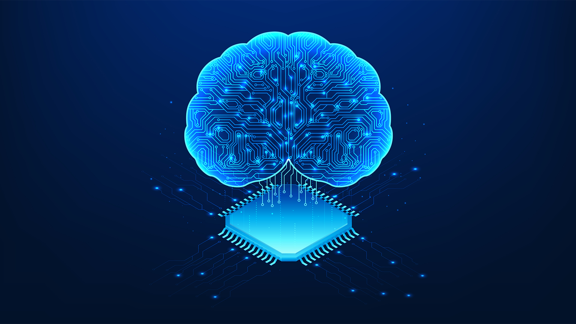Agentic AI tools concept image showing digitized human brain with data flows coming from microchip underneath.