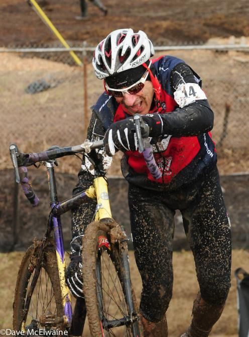 David Linden (USA) picking up his machine on the steps