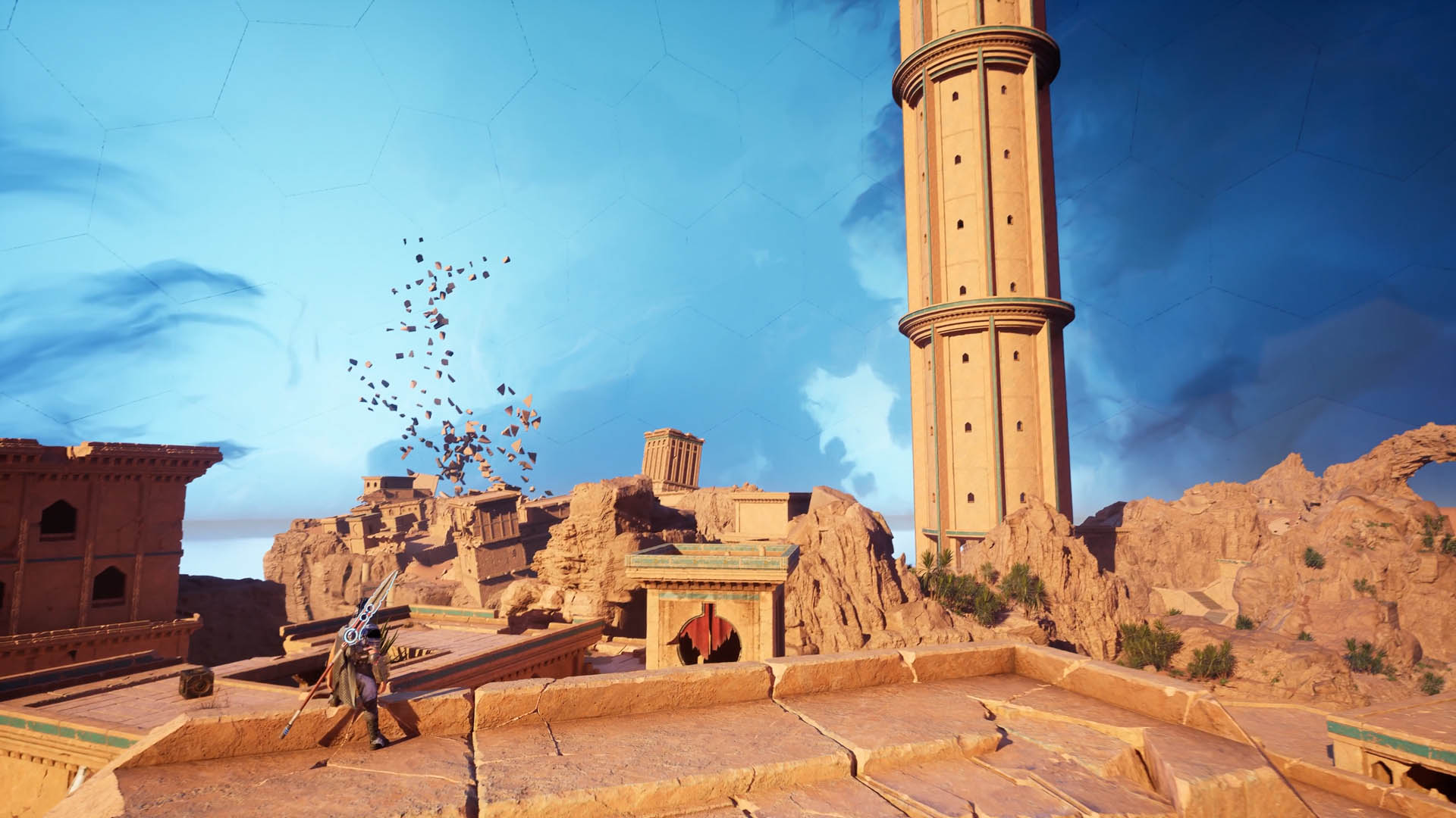 A wide shot of a player exploring the deser biome in Empyreal