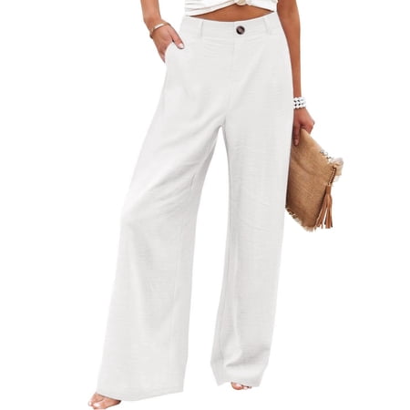 Puwei Women's Cotton Linen Casual Pants Button Up High Waist Wide Leg Trousers With Pockets