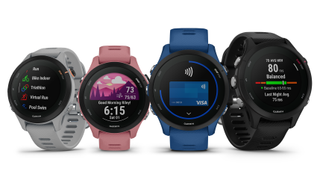 Garmin Forerunner 255 in four different options, coloured grey, pink, blue and black