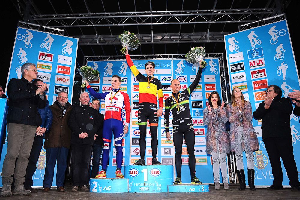 The 2016 Belgian elite men's podium with Sweeck, Van Aert and Nys.
