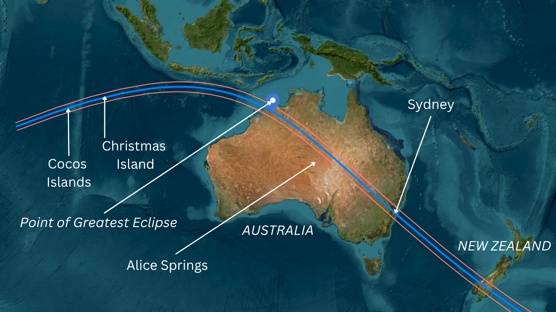 map showing the path of the total solar eclipse across Australia.