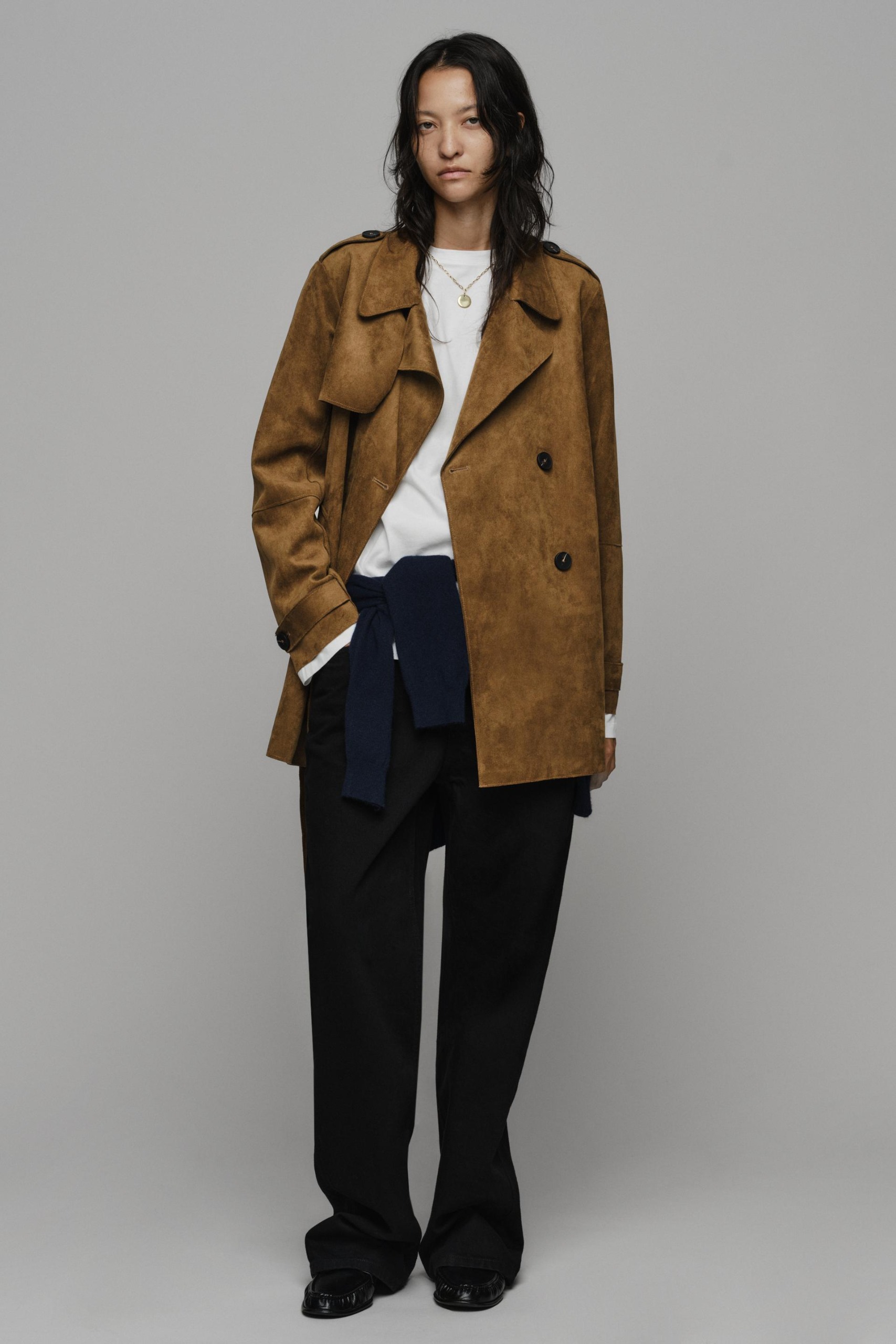 Faux Suede Trench Coat With Belt - Brown - Xs