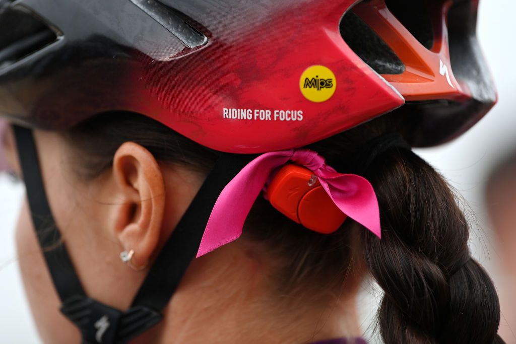 CLACTONONSEA ENGLAND OCTOBER 08 Detailed view of pink ribbon in helmet of Chantal Van Den Broek Blaak of Netherlands and Team SD Worx prior to the 7th The Womens Tour 202 Stage 5 a 954km stage from Colchester to Clacton thewomenstour UCIWWT on October 08 2021 in ClactononSea England Photo by Justin SetterfieldGetty Images