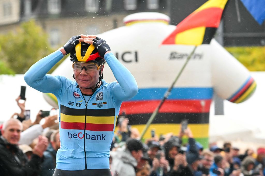 Belgium's Lotte Kopecky crosses the finish line and wins the women's Elite Road Race cycling event during the UCI 2024 Road World Championships, in Zurich, on September 28, 2024. (Photo by Fabrice COFFRINI / AFP)