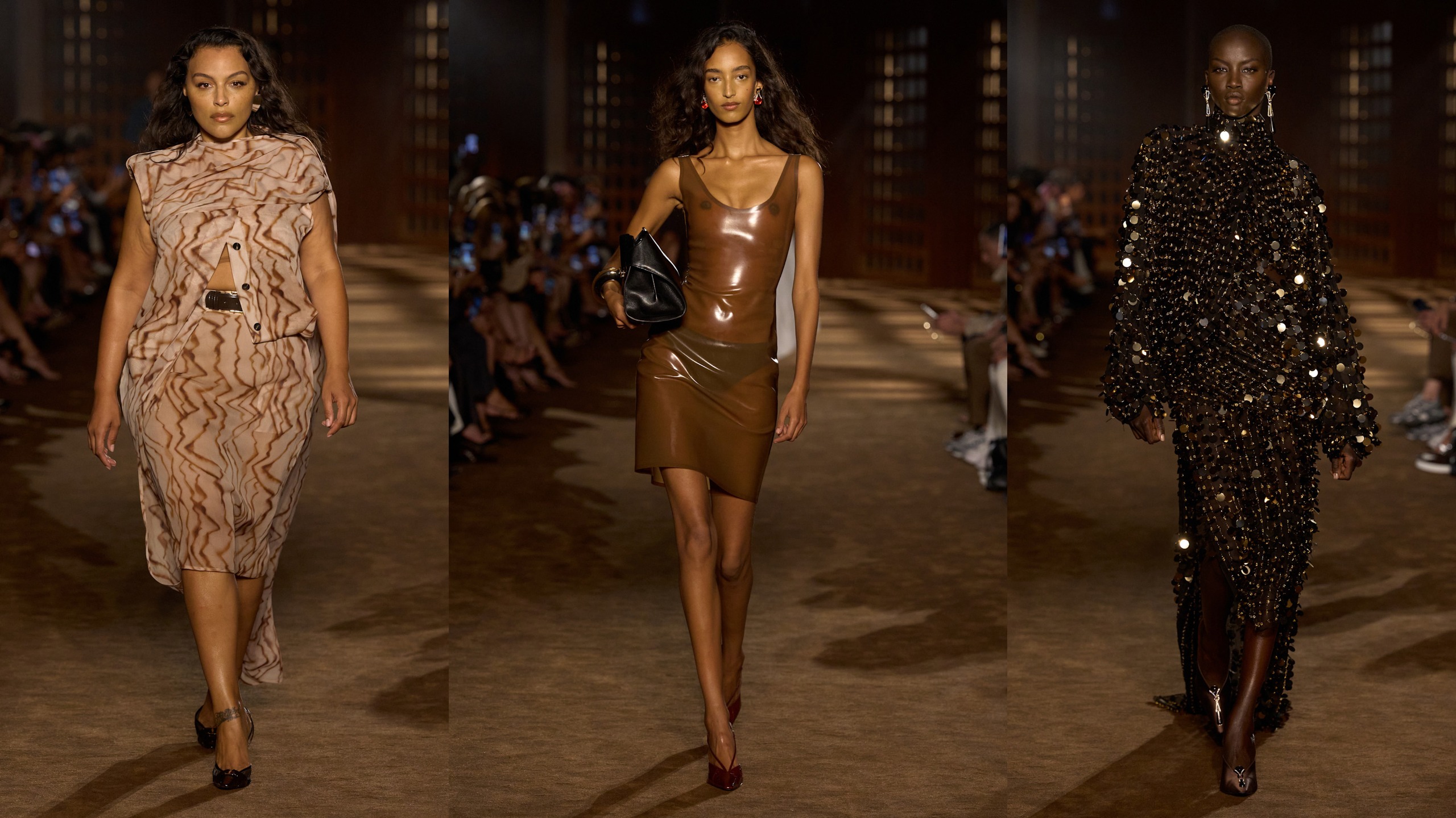 three models walk the ferragamo s/s 27 runway.