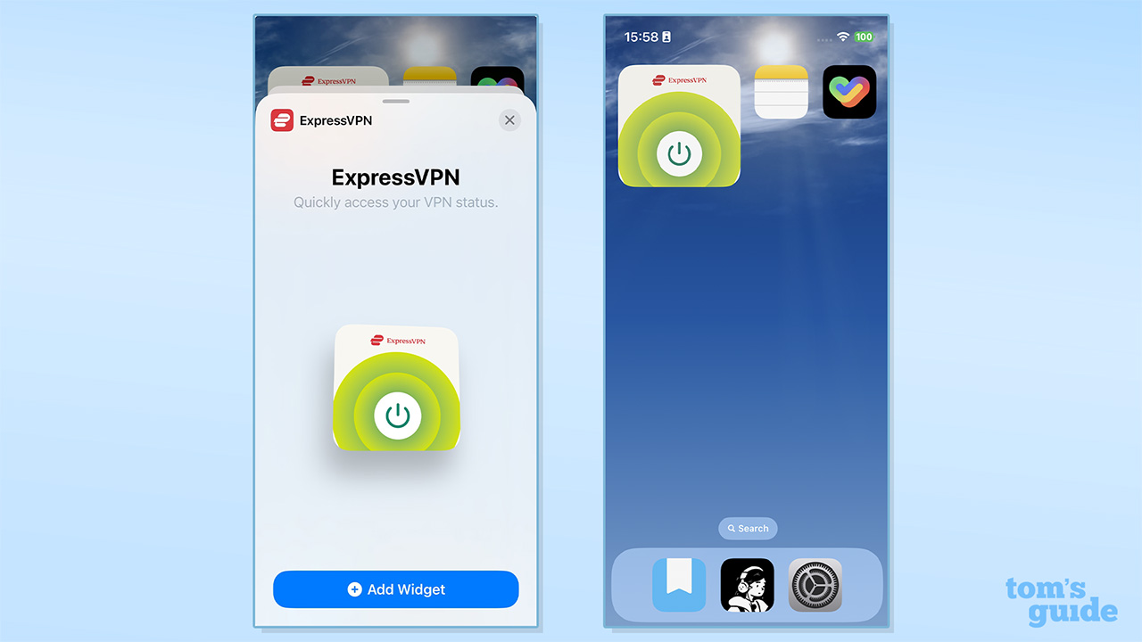 Images of ExpressVPN widget selection and the widget installed on an iPhone home screen