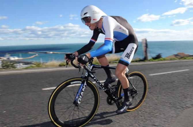 Lars Boom (Blanco) en route to victory in the stage 2 time trial at Tour M&eacute;diterran&eacute;en.