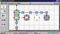 A retro-style factory simulation interface with conveyor belts, machines, and processing units. The screen is labeled "Factory 95." The design is colorful, nostalgic with a playful, strategic tone.