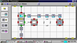 A retro-style factory simulation interface with conveyor belts, machines, and processing units. The screen is labeled "Factory 95." The design is colorful, nostalgic with a playful, strategic tone.