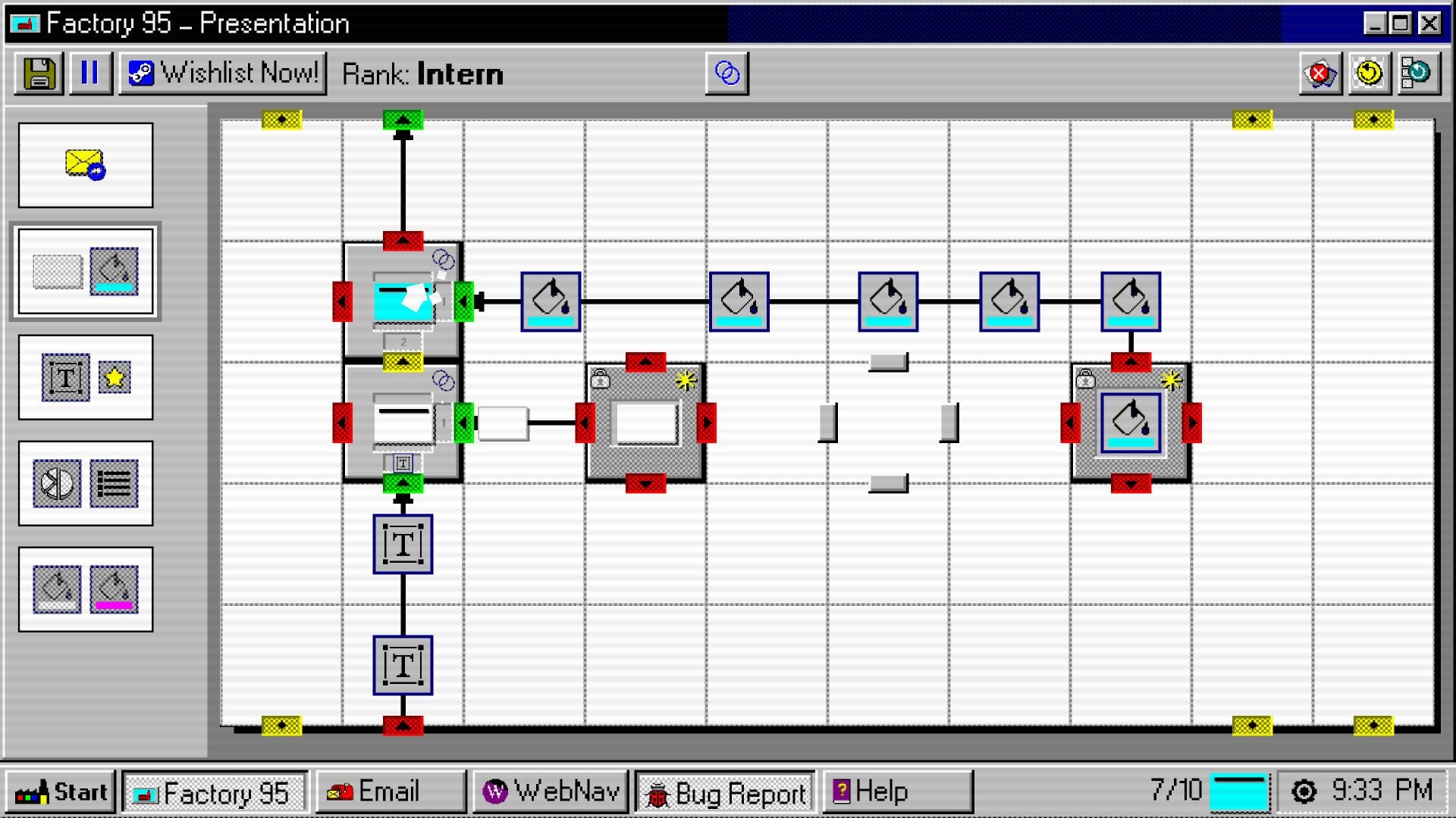 A retro-style factory simulation interface with conveyor belts, machines, and processing units. The screen is labeled "Factory 95." The design is colorful, nostalgic with a playful, strategic tone.