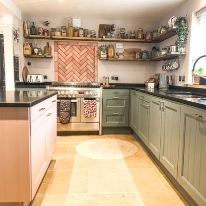pink and green kitchen after budget makeover